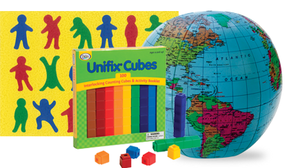 Unifix cubes, inflatable globe, and kids puzzle